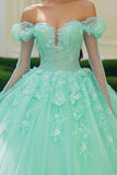 Mint Princess Off The Shoulder Tule Appliqued Quinceanera Jurk