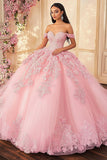 Roze Off the Shoulder Prinses Tulle Quinceanera Jurk met Appliques