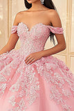 Roze Off the Shoulder Prinses Tulle Quinceanera Jurk met Appliques