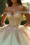 Sprankelende Champagne Ball jurk Off the Shoulder Tule Quinceanera jurk met kralen