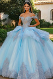 Hemelsblauwe prinses Off the Shoulder tule Quinceanera jurk met appliques