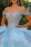 Hemelsblauwe prinses Off the Shoulder tule Quinceanera jurk met appliques