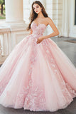 Roze Sweetheart Ball Gown Tulle Quinceanera Jurk met Floral Appliques