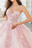 Roze Sweetheart Ball Gown Tulle Quinceanera Jurk met Floral Appliques