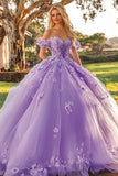 Plum Floral Off The Shoulder Tule Quinceanera jurk met appliques