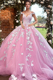 Off The Shoulder Sprankelende Roze Quinceanera Jurk met 3D Bloemen