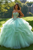 Glitter Mint Tule Sweetheart Prinses Quinceanera Jurk met Kralen