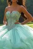 Glitter Mint Tule Sweetheart Prinses Quinceanera Jurk met Kralen