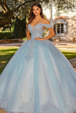 Hemelsblauwe geappliqueerde quinceanera-jurk met capemouwen