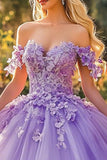 Lila vloer lengte opgestikte Quinceanera jurk met 3D bloemen