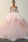 Prinses Roze Galajurk Strapless Ruches Appliques Tule Quinceanera Jurk met Afneembare Mouwen