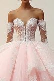 Prinses Roze Galajurk Strapless Ruches Appliques Tule Quinceanera Jurk met Afneembare Mouwen