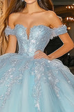 Prinses hemelsblauwe baljurk off de schouder tule quinceanera jurk met appliques