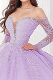 Prinses Lila Baljurk Off The Shoulder Lange Mouwen Tule Quinceanera Jurk met Appliques