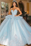 Sprankelende hemelsblauwe baljurk Strapless ruches Tule Quinceanera jurk met appliques