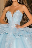 Sprankelende hemelsblauwe baljurk Strapless ruches Tule Quinceanera jurk met appliques