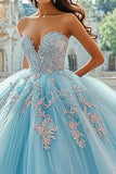 Sweetheart hemelsblauwe strapless tule baljurk quinceanera jurk