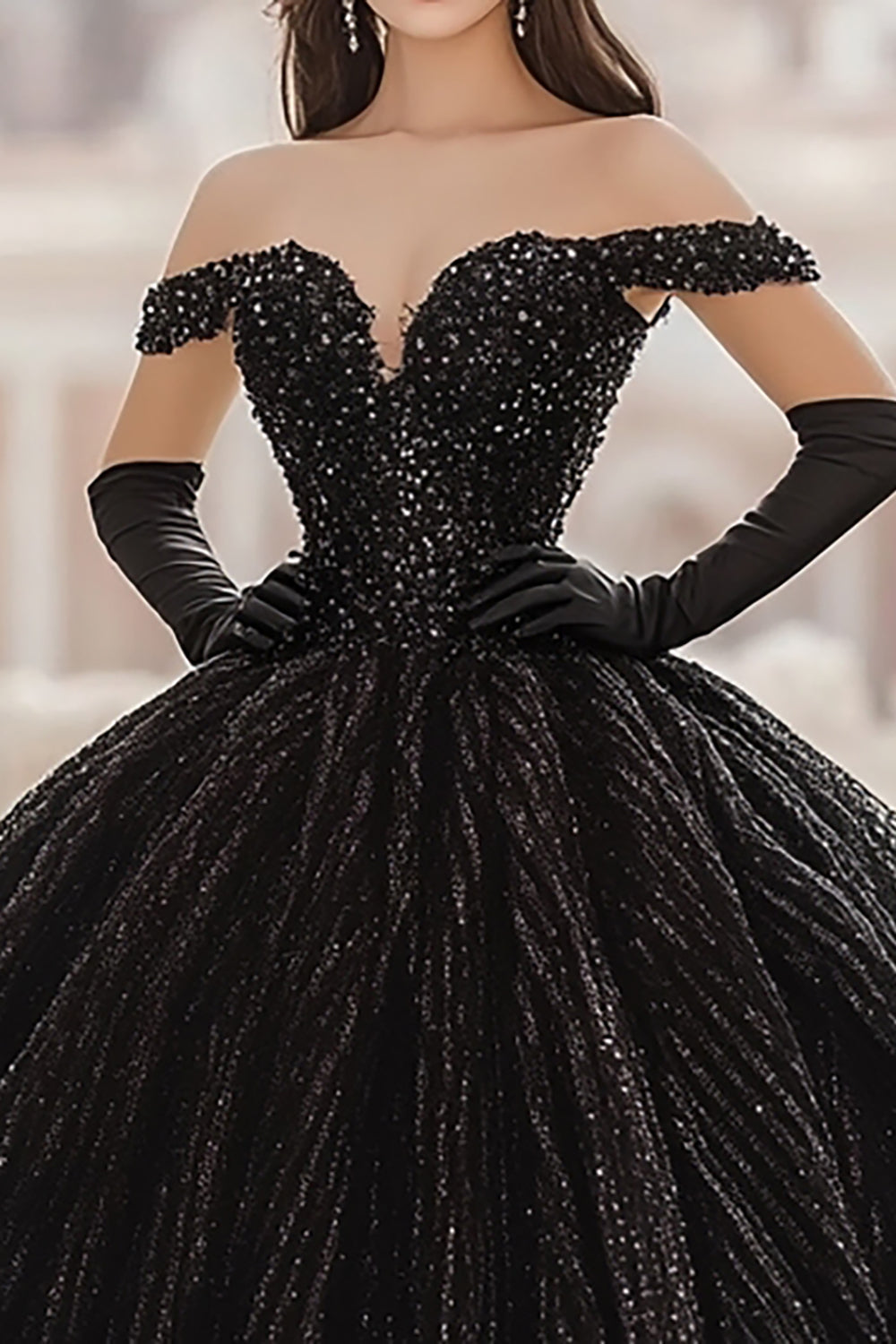 Pailletten Off The Shoulder Baljurk Zwarte Lange Quinceanera Jurk
