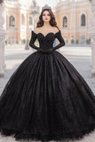 Zwarte Off The Shoulder Galajurk Lange Quinceanera Jurk met Lange Mouwen