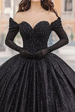 Zwarte Off The Shoulder Galajurk Lange Quinceanera Jurk met Lange Mouwen