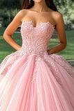 Roze baljurk strapless opgestikte lange quinceanera jurk