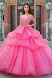 Off The Shoulder Fuchsia Opgestikte Baljurk Quinceanera Jurk