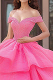 Off The Shoulder Fuchsia Opgestikte Baljurk Quinceanera Jurk