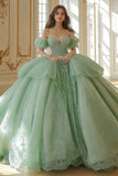 Mint Off The Shoulder Tule Lace Appliqued Quinceanera Jurk