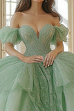 Mint Off The Shoulder Tule Lace Appliqued Quinceanera Jurk