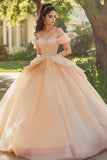 Champagne Off The Shoulder Tule Lace Appliqued Quinceanera Jurk