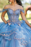 Blauwe Off The Shoulder Tule Lace Appliqued Quinceanera Jurk