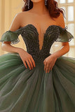 Olijf Off The Shoulder Organza Kant Opgestikte Quinceanera Jurk