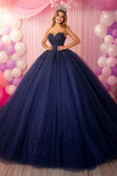 Glitter Navy Strapless Baljurk Kant Opgestikte Quinceanera Jurk