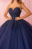 Glitter Navy Strapless Baljurk Kant Opgestikte Quinceanera Jurk