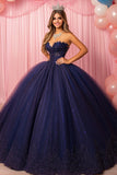 Glitter Navy Strapless Kant Opgestikte Quinceanera Jurk