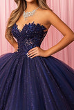 Glitter Navy Strapless Kant Opgestikte Quinceanera Jurk