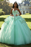 Mint baljurk strapless tule opgestikte quinceanera jurk