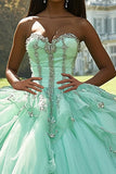 Mint baljurk strapless tule opgestikte quinceanera jurk