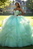 Mint baljurk strapless opgestikte tule quinceanera jurk