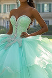 Mint baljurk strapless opgestikte tule quinceanera jurk