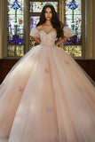 Roze Off The Shoulder Ball Gown Opgestikte Tule Quinceanera Jurk