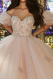 Roze Off The Shoulder Ball Gown Opgestikte Tule Quinceanera Jurk