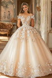 Champagne Ball Gown Off The Shoulder Opgestikte Tule Quinceanera Jurk