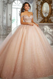 Glitter Champagne Ball jurk van de schouder opgestikte Quinceanera jurk