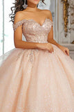 Glitter Champagne Ball jurk van de schouder opgestikte Quinceanera jurk