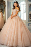 Glitter Ball Gown Champagne Off The Shoulder Lace Appliqued Quinceanera Jurk