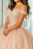 Glitter Ball Gown Champagne Off The Shoulder Lace Appliqued Quinceanera Jurk