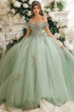 Stoffige salie Off The Shoulder Lace opgestikte tule Quinceanera jurk