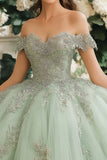 Stoffige salie Off The Shoulder Lace opgestikte tule Quinceanera jurk