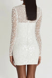Witte pailletten Bodycon Scoop Neck Lange Mouwen Korte Afstuderen Jurk